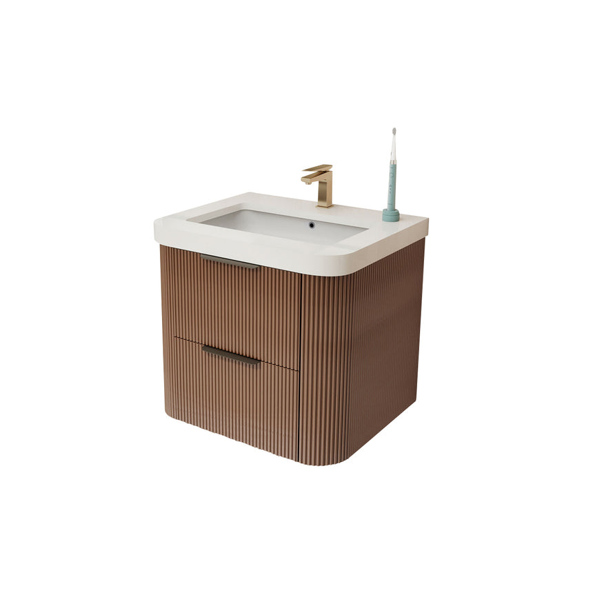 Modern bathroom with wooden vanity, freestanding bathtub, and shower area.