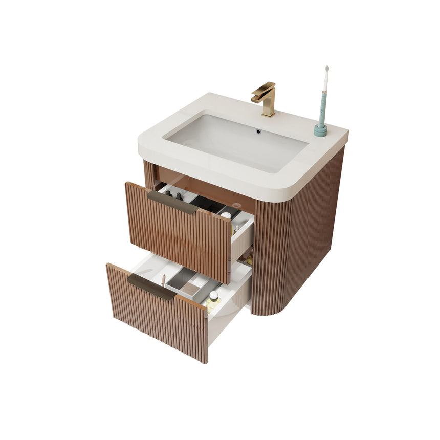 Modern bathroom with wooden vanity, freestanding bathtub, and shower area.