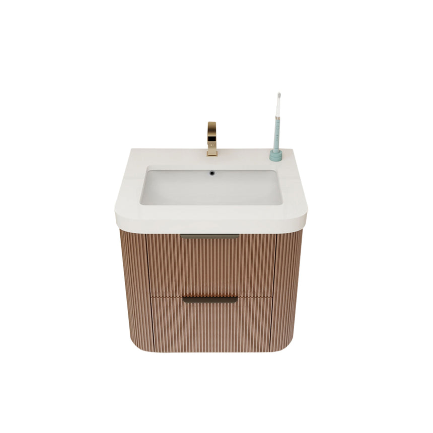 Modern bathroom with wooden vanity, freestanding bathtub, and shower area.