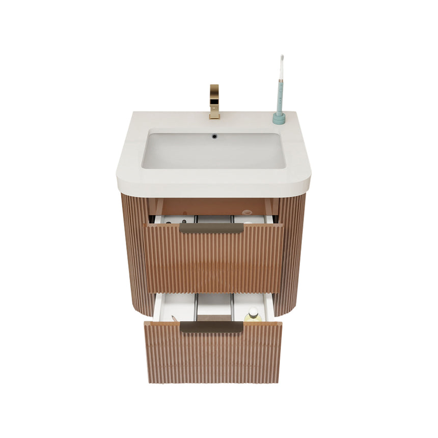 Modern bathroom with wooden vanity, freestanding bathtub, and shower area.