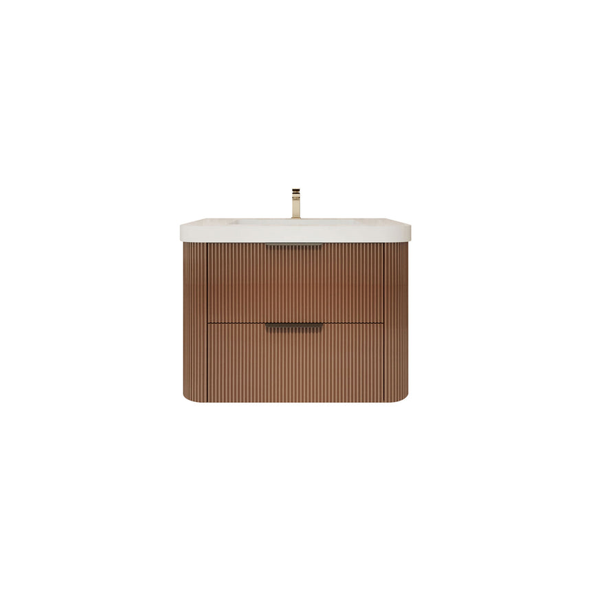 Modern bathroom with wooden vanity, freestanding bathtub, and shower area.
