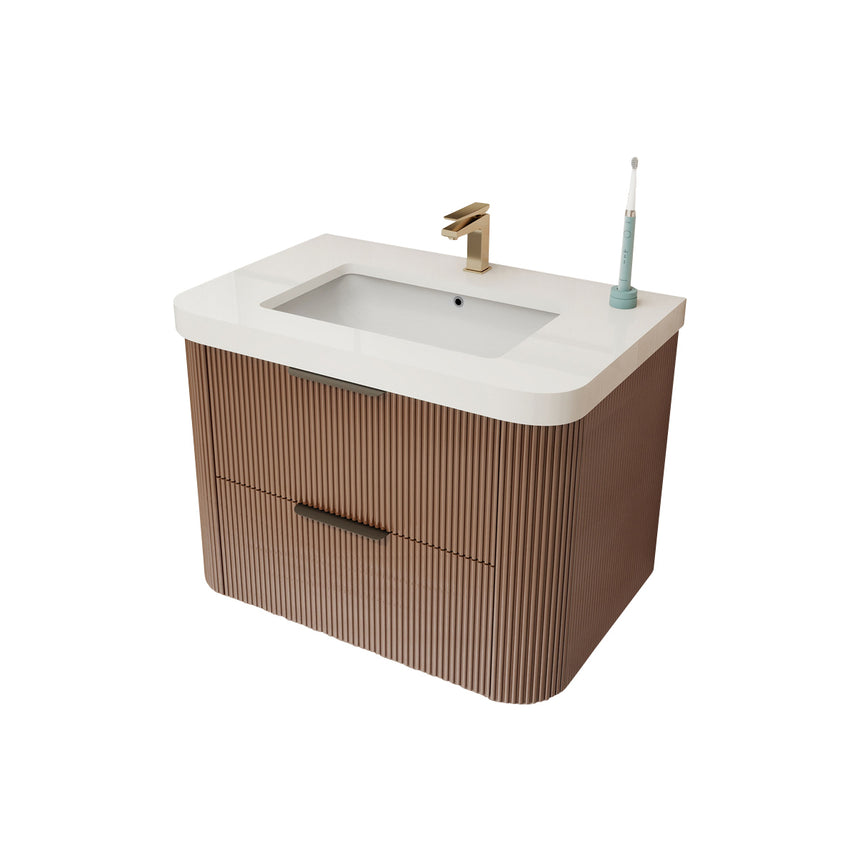 Modern bathroom with wooden vanity, freestanding bathtub, and shower area.