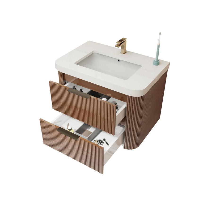 Modern bathroom with wooden vanity, freestanding bathtub, and shower area.