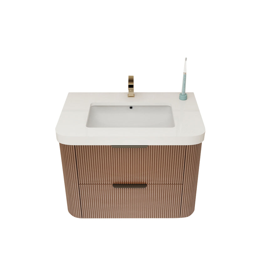 Modern bathroom with wooden vanity, freestanding bathtub, and shower area.