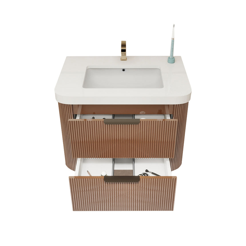 Modern bathroom with wooden vanity, freestanding bathtub, and shower area.