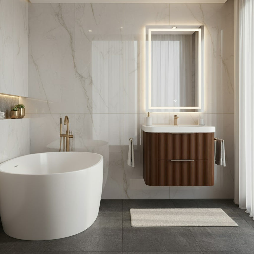 Modern bathroom with wooden vanity, freestanding bathtub, and shower area.