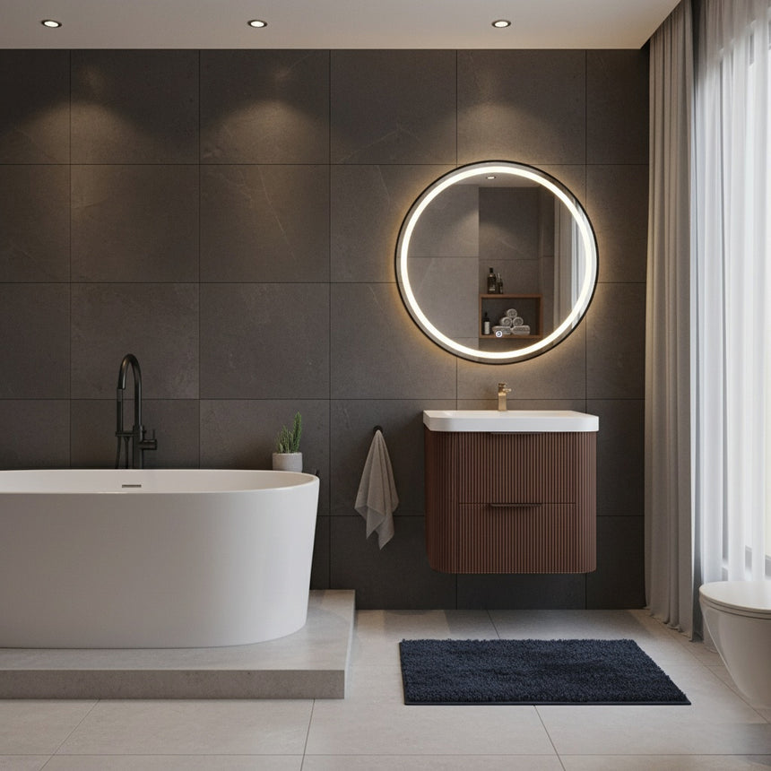Modern bathroom with wooden vanity, freestanding bathtub, and shower area.