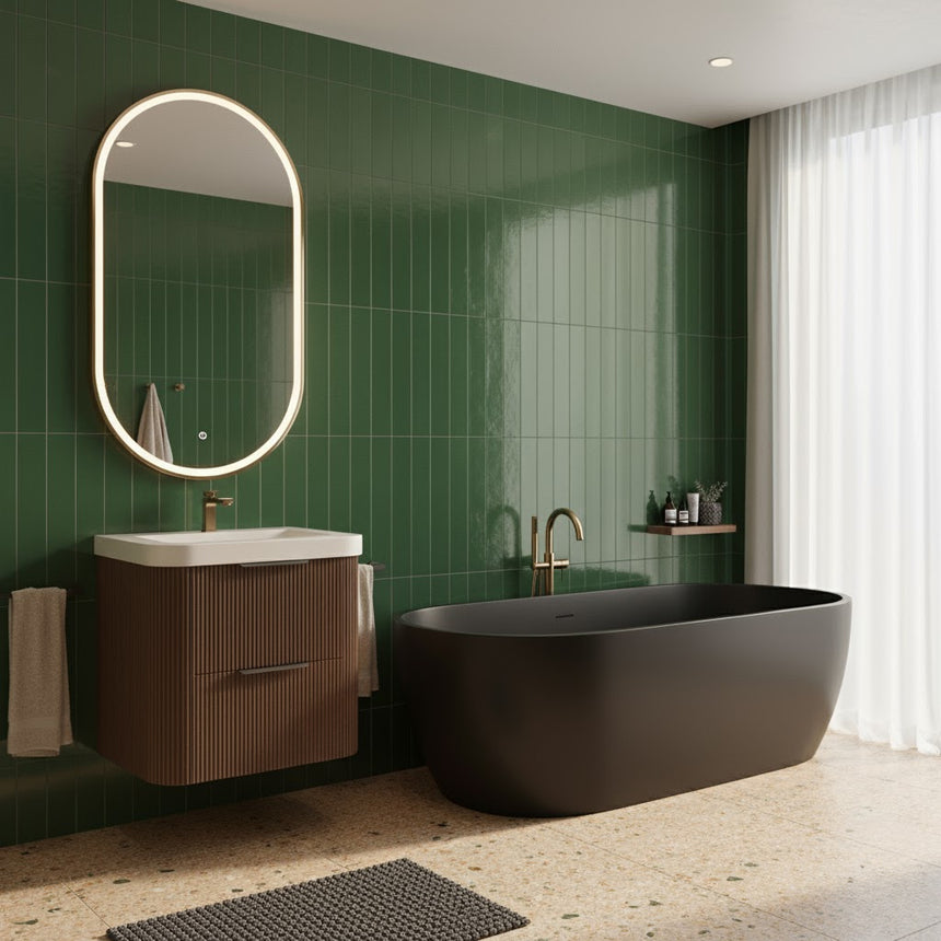 Modern bathroom with wooden vanity, freestanding bathtub, and shower area.