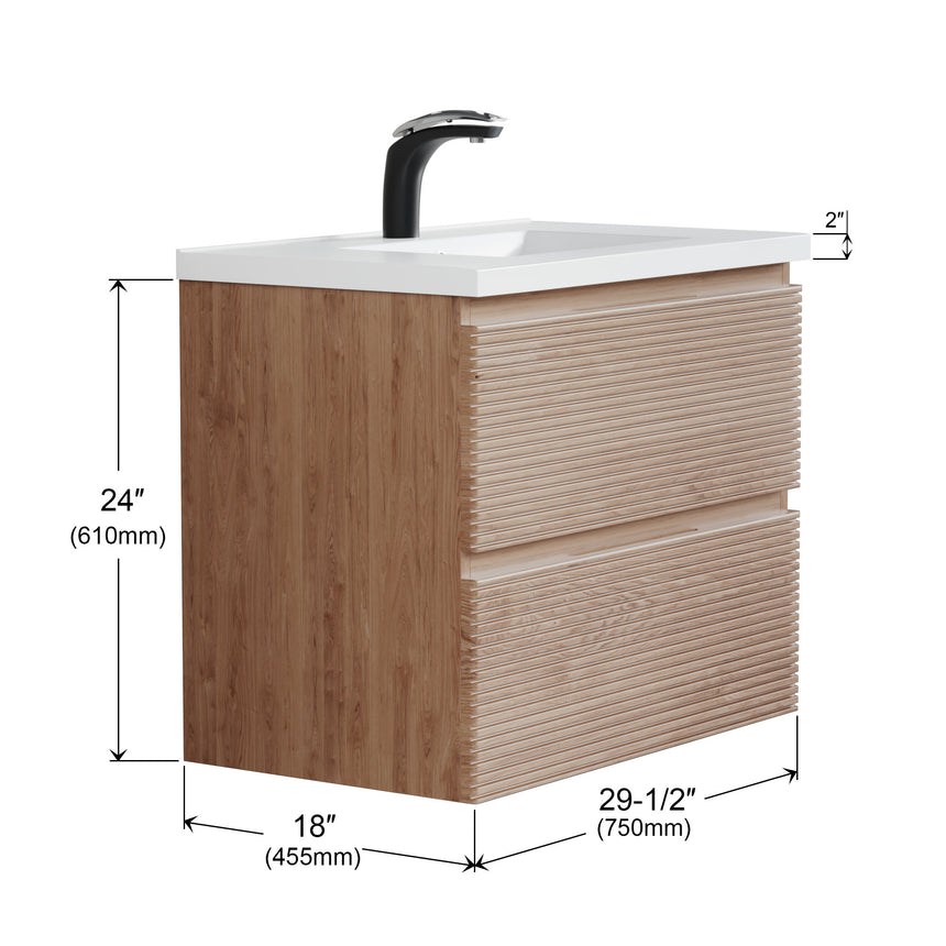 Bathroom vanity with wooden finish and white countertop against a gray wall.