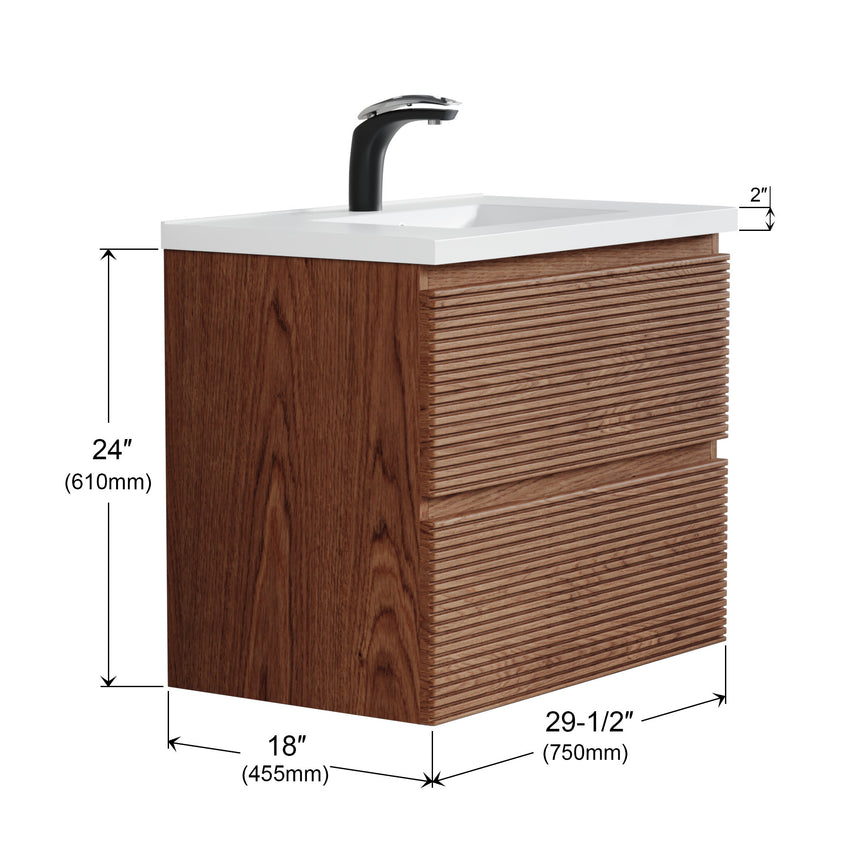 Bathroom vanity with wooden finish and white countertop against a gray wall.