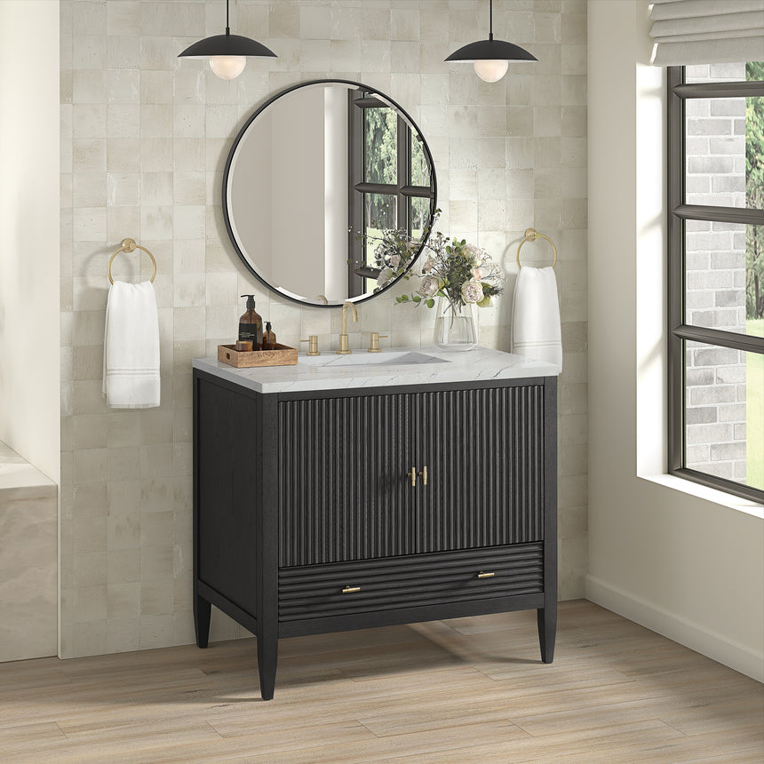 White bathroom vanity with marble countertop and decorative flowers in a bathroom setting.