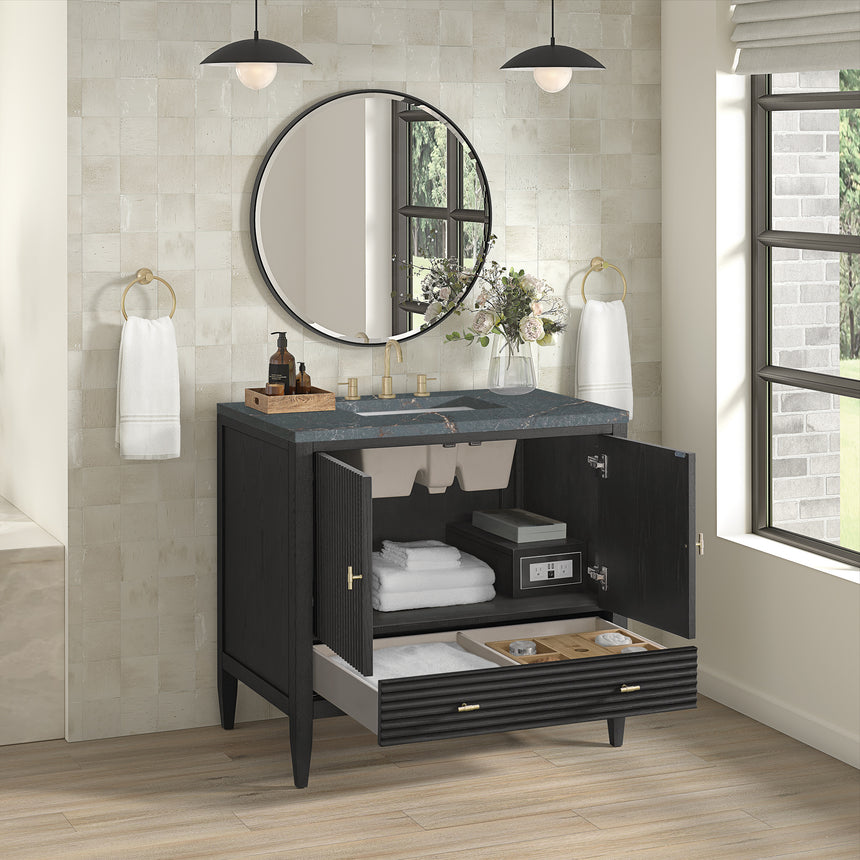 White bathroom vanity with marble countertop and decorative flowers in a bathroom setting.