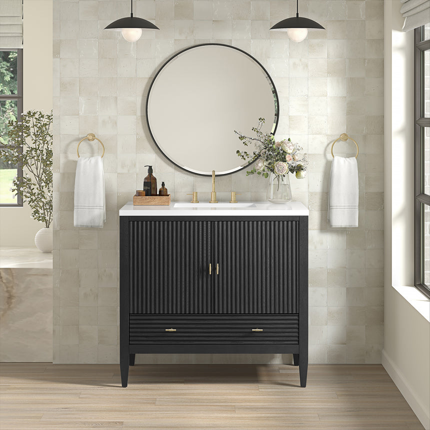 White bathroom vanity with marble countertop and decorative flowers in a bathroom setting.