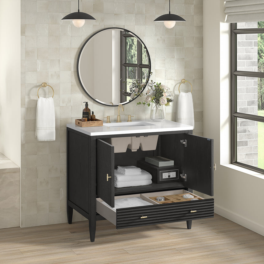 White bathroom vanity with marble countertop and decorative flowers in a bathroom setting.