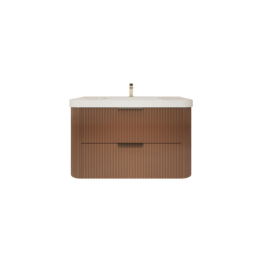 Modern bathroom with wooden vanity, freestanding bathtub, and shower area.