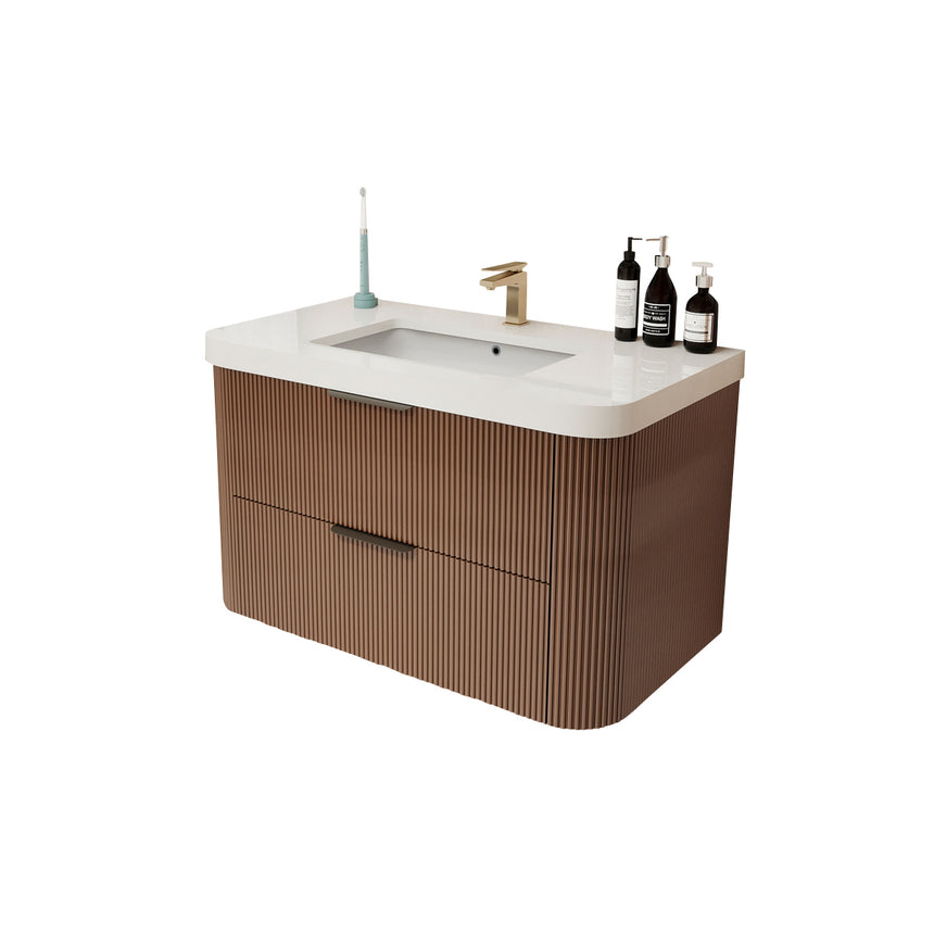 Modern bathroom with wooden vanity, freestanding bathtub, and shower area.