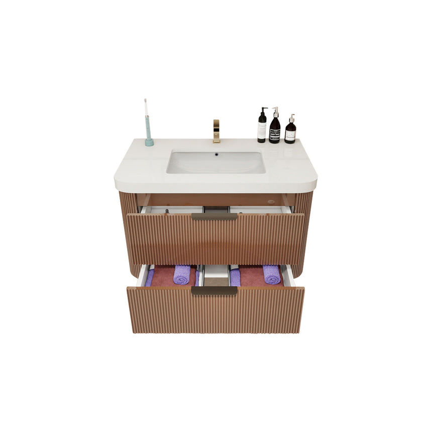 Modern bathroom with wooden vanity, freestanding bathtub, and shower area.