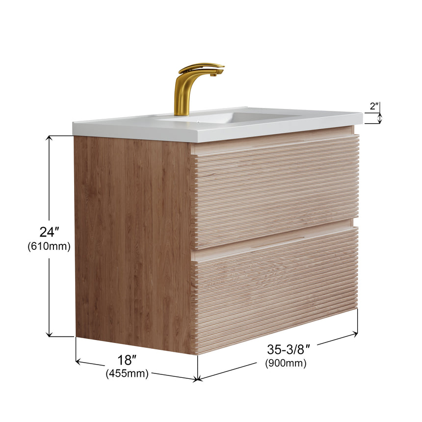 Bathroom vanity with wooden finish and white countertop against a gray wall.