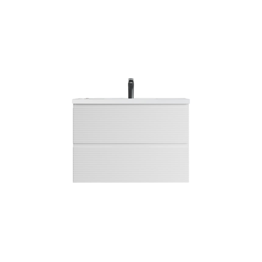Bathroom vanity with wooden finish and white countertop against a gray wall.
