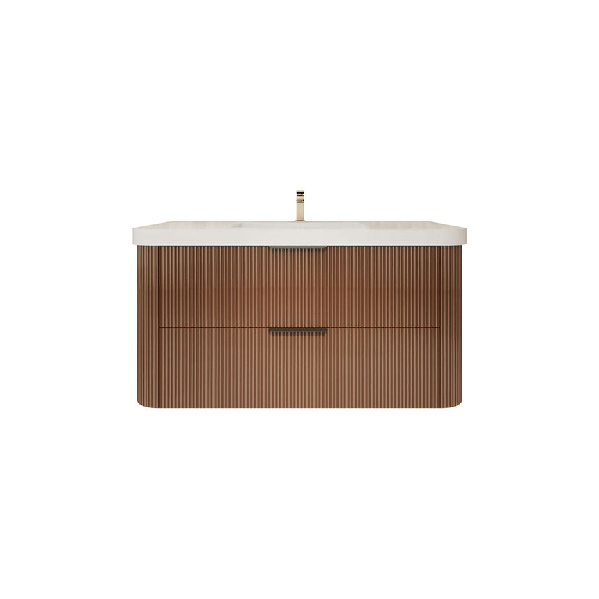Modern bathroom with wooden vanity, freestanding bathtub, and shower area.