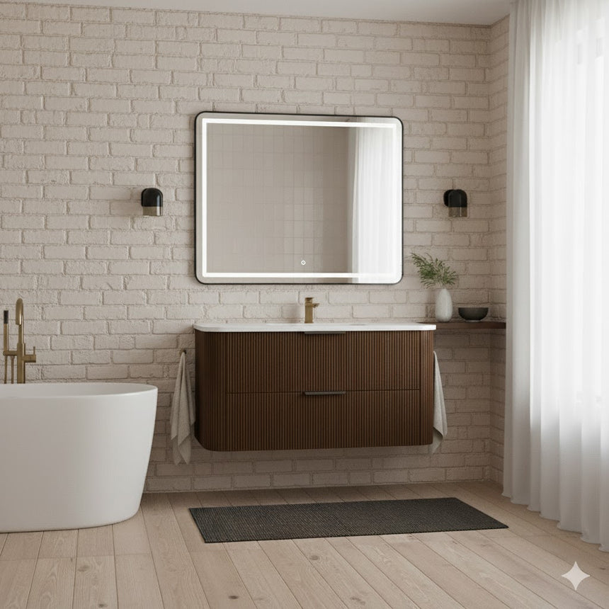 Modern bathroom with wooden vanity, freestanding bathtub, and shower area.