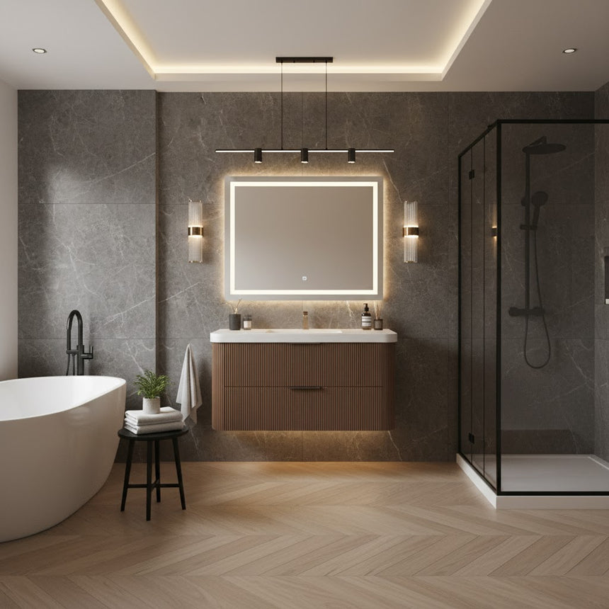 Modern bathroom with wooden vanity, freestanding bathtub, and shower area.