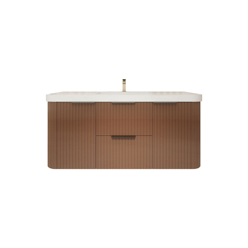 Modern bathroom with wooden vanity, freestanding bathtub, and shower area.