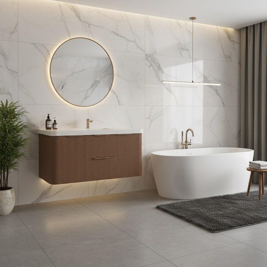 Modern bathroom with wooden vanity, freestanding bathtub, and shower area.