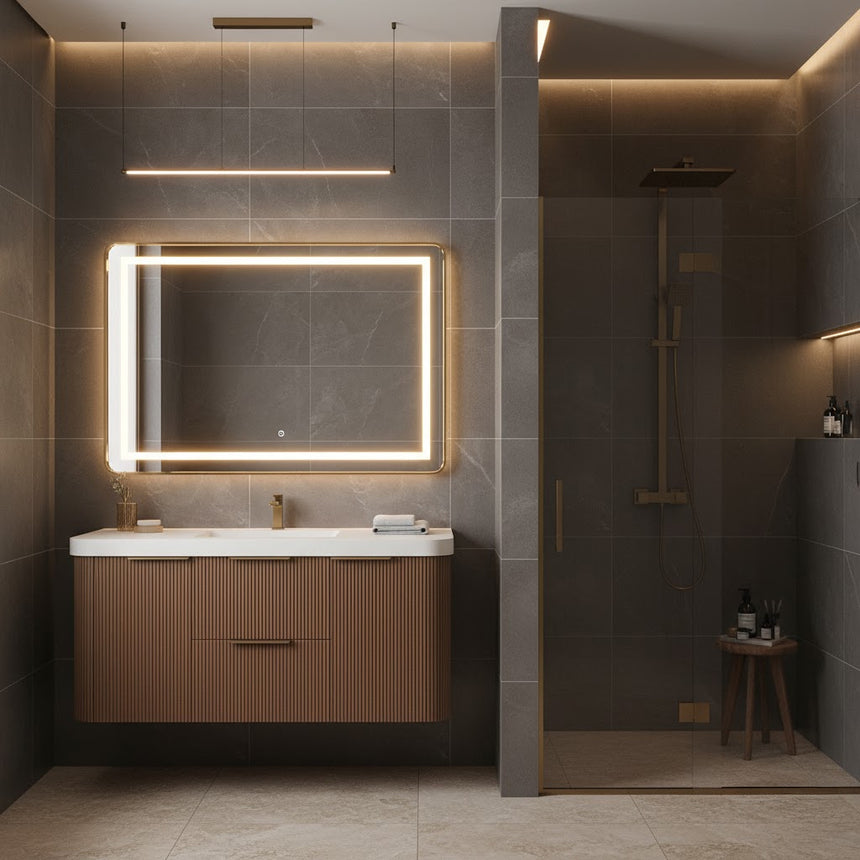 Modern bathroom with wooden vanity, freestanding bathtub, and shower area.