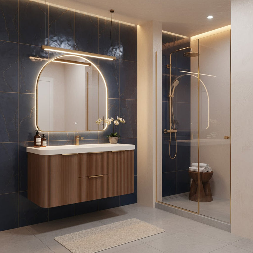 Modern bathroom with wooden vanity, freestanding bathtub, and shower area.