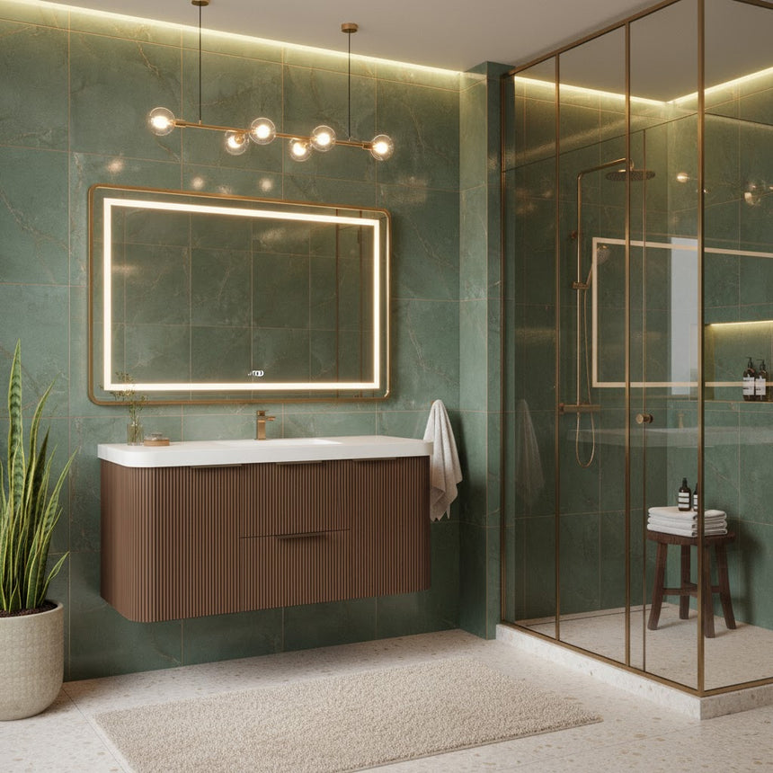 Modern bathroom with wooden vanity, freestanding bathtub, and shower area.