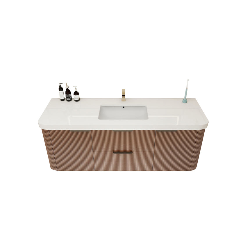 Modern bathroom with wooden vanity, freestanding bathtub, and shower area.