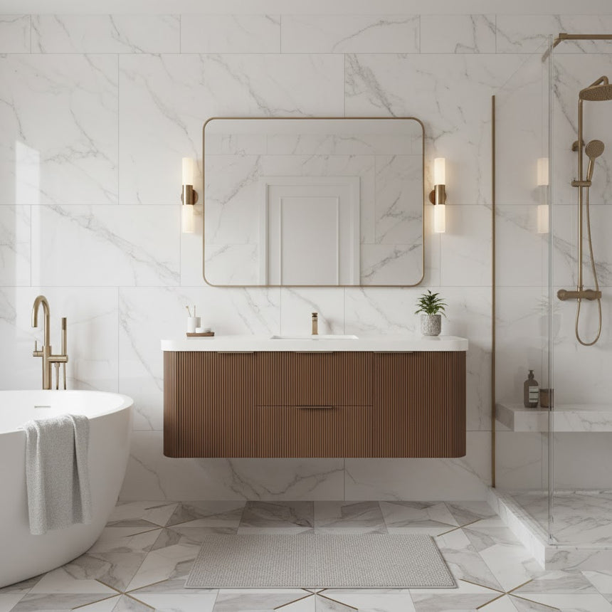 Modern bathroom with wooden vanity, freestanding bathtub, and shower area.