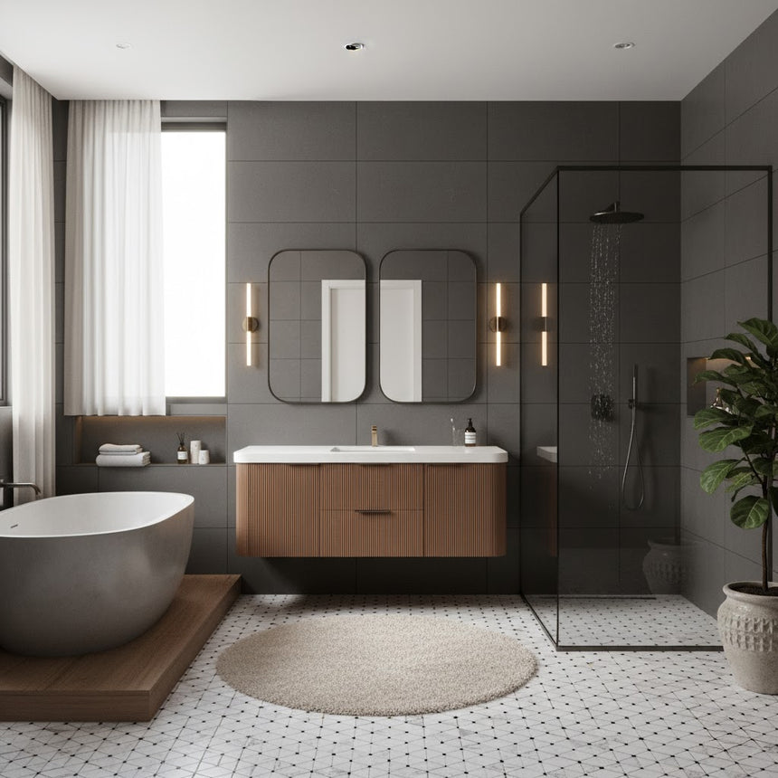 Modern bathroom with wooden vanity, freestanding bathtub, and shower area.