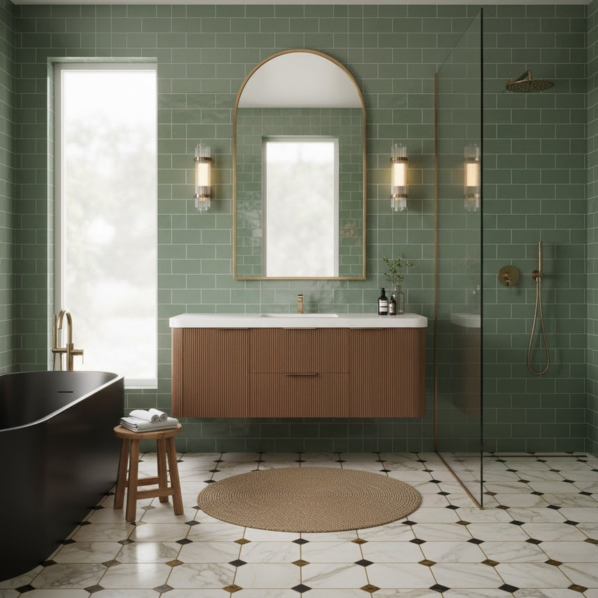Modern bathroom with wooden vanity, freestanding bathtub, and shower area.