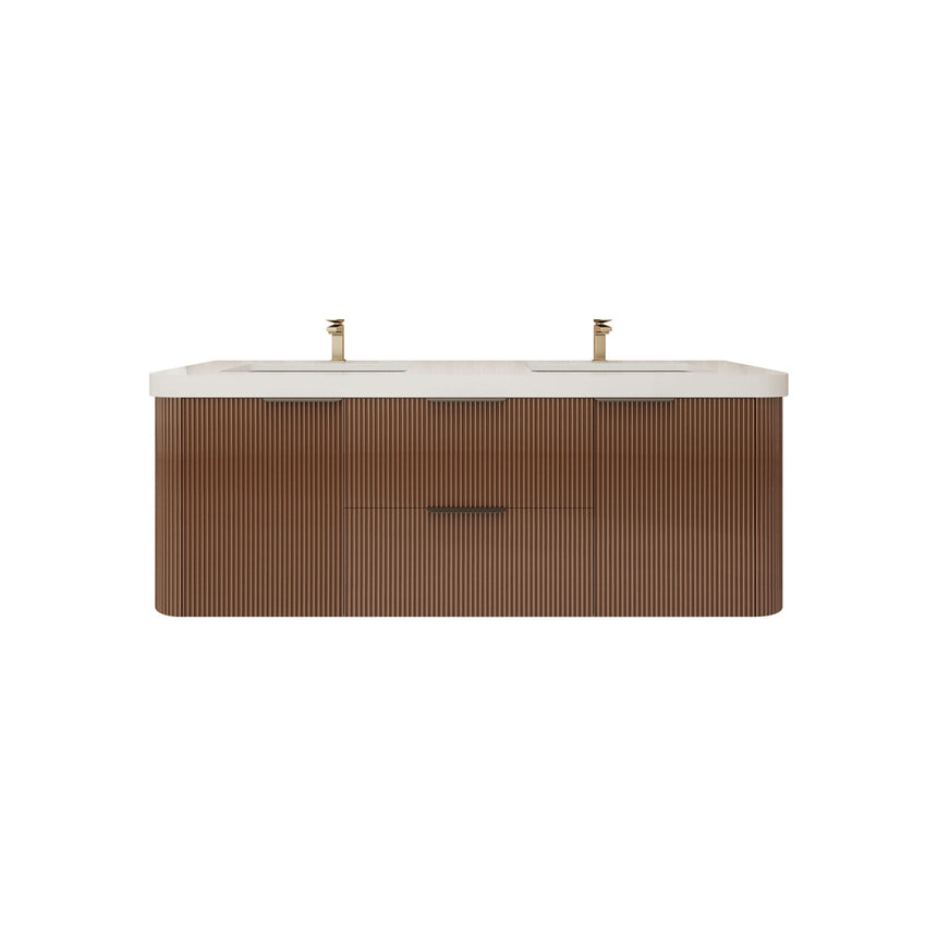 Modern bathroom with wooden vanity, freestanding bathtub, and shower area.