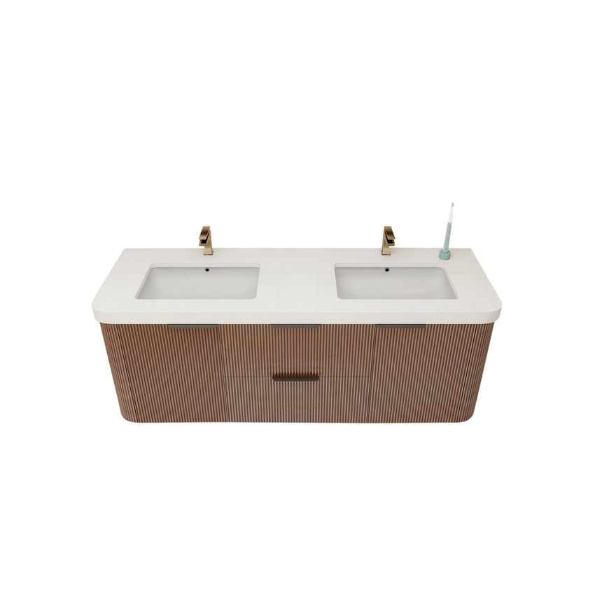 Modern bathroom with wooden vanity, freestanding bathtub, and shower area.