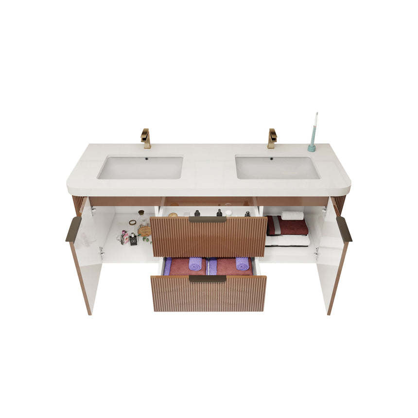 Modern bathroom with wooden vanity, freestanding bathtub, and shower area.