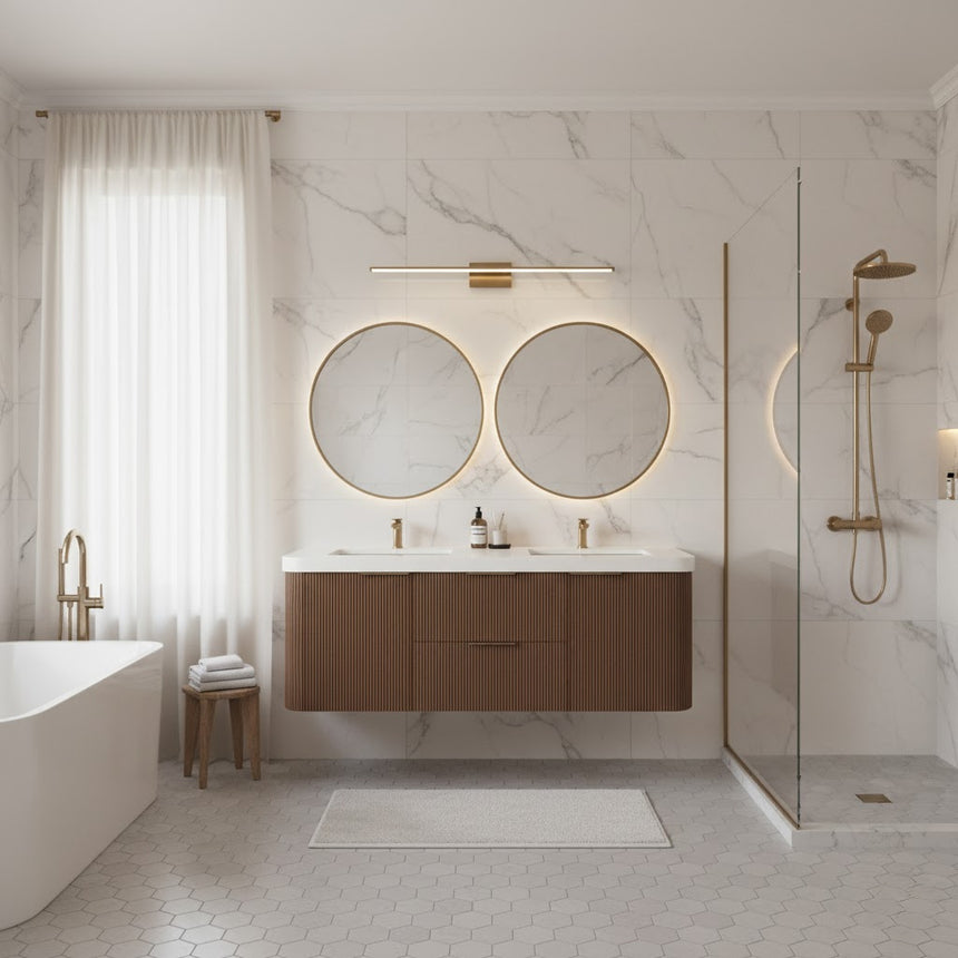 Modern bathroom with wooden vanity, freestanding bathtub, and shower area.