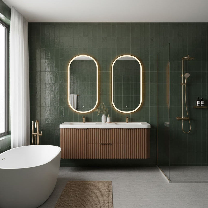 Modern bathroom with wooden vanity, freestanding bathtub, and shower area.