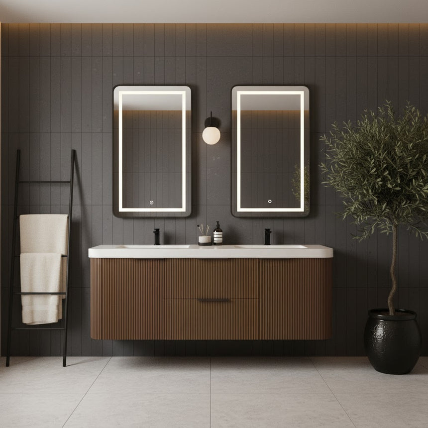 Modern bathroom with wooden vanity, freestanding bathtub, and shower area.