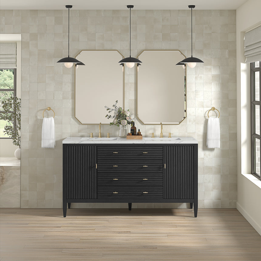 White bathroom vanity with marble countertop and decorative flowers in a bathroom setting.