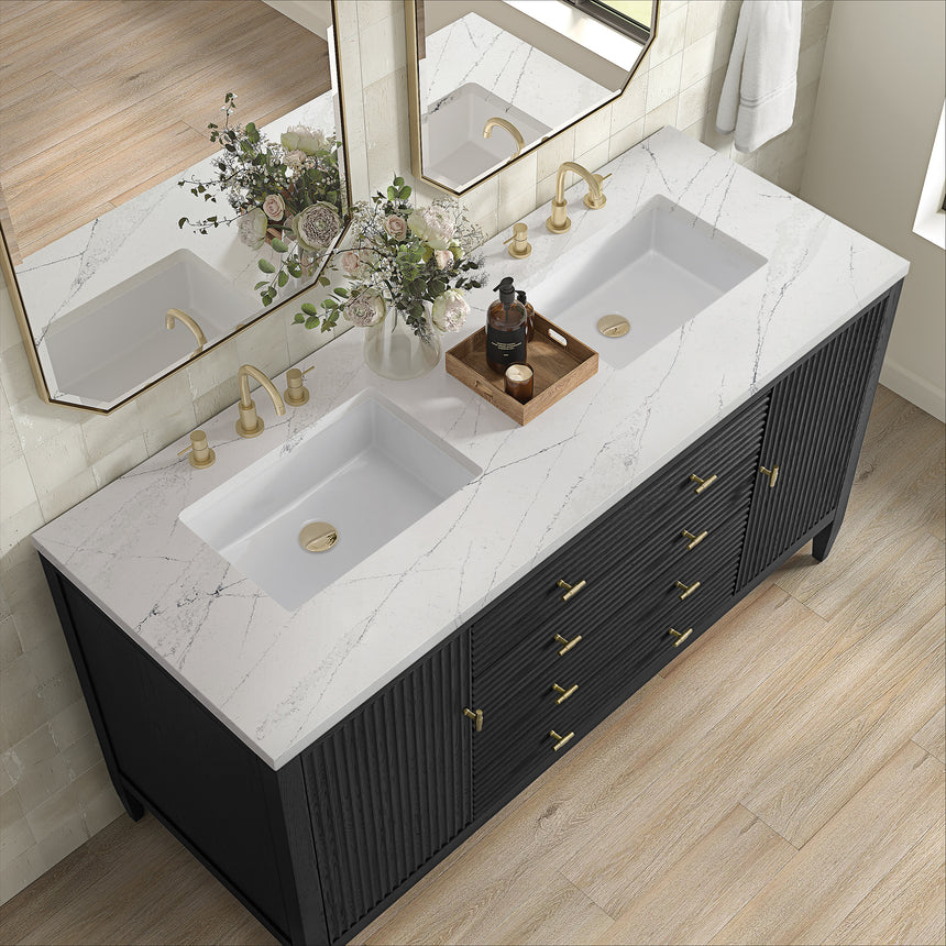 White bathroom vanity with marble countertop and decorative flowers in a bathroom setting.