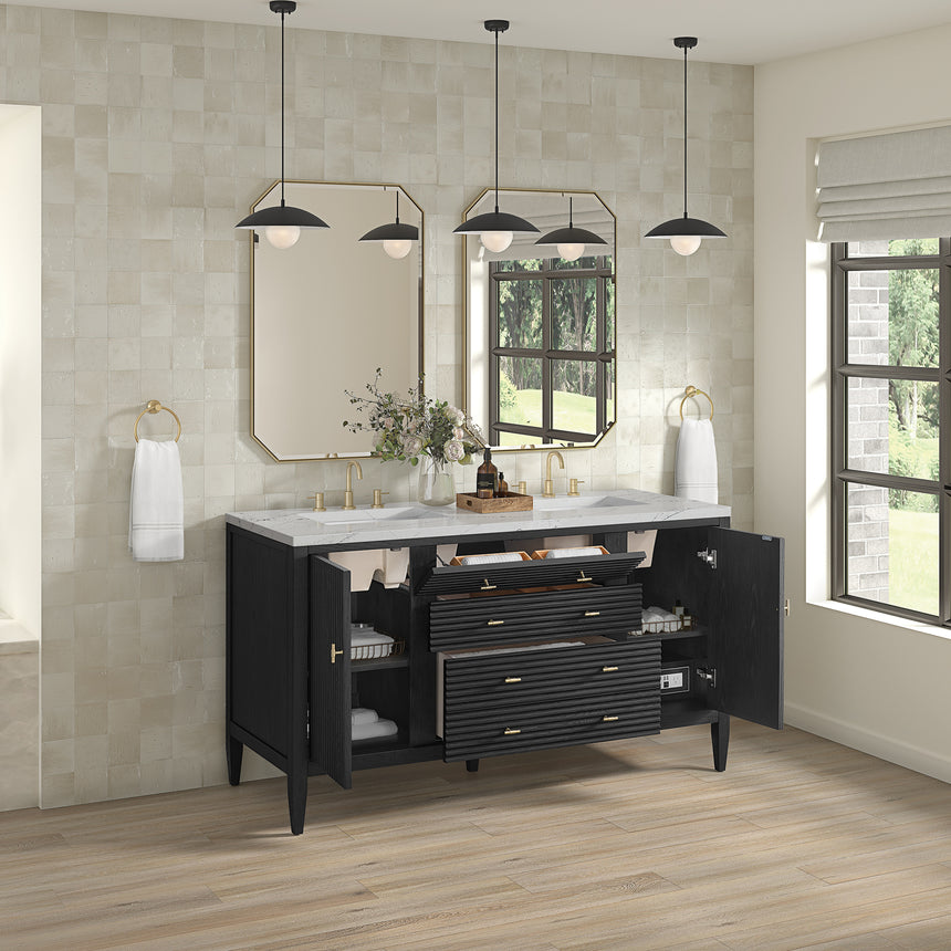White bathroom vanity with marble countertop and decorative flowers in a bathroom setting.