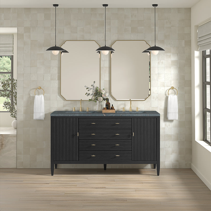 White bathroom vanity with marble countertop and decorative flowers in a bathroom setting.