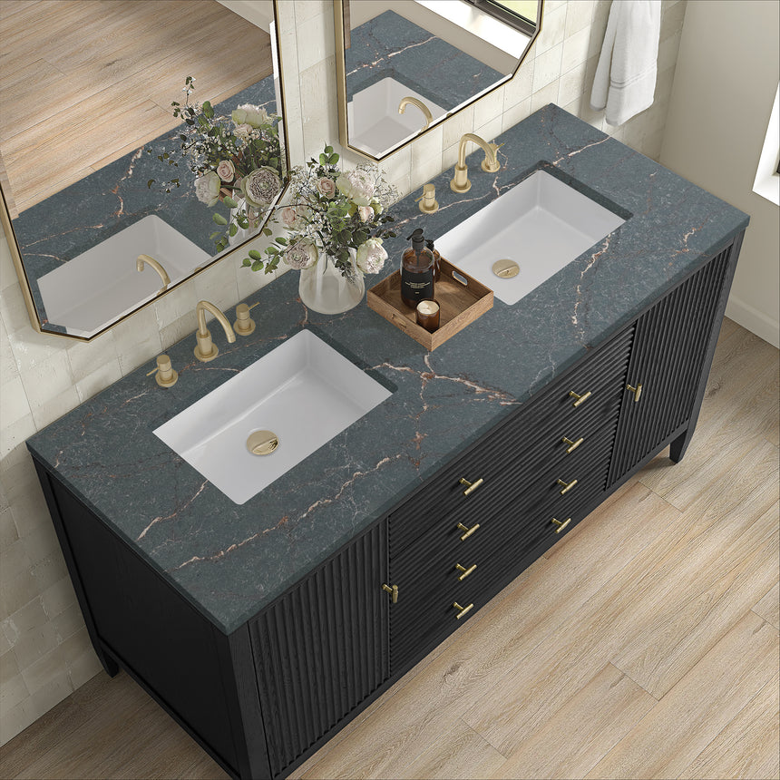 White bathroom vanity with marble countertop and decorative flowers in a bathroom setting.