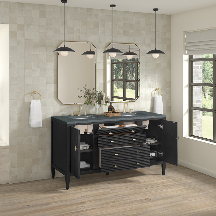 White bathroom vanity with marble countertop and decorative flowers in a bathroom setting.
