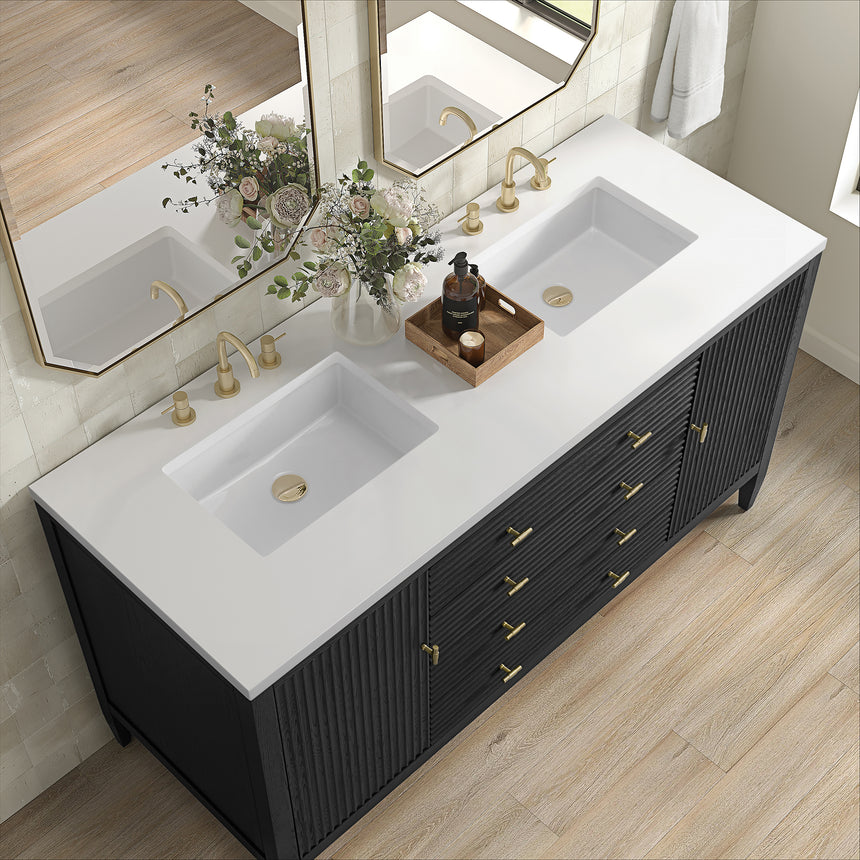 White bathroom vanity with marble countertop and decorative flowers in a bathroom setting.