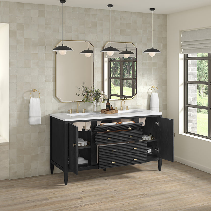 White bathroom vanity with marble countertop and decorative flowers in a bathroom setting.