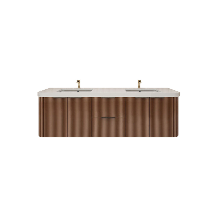 Modern bathroom with wooden vanity, freestanding bathtub, and shower area.